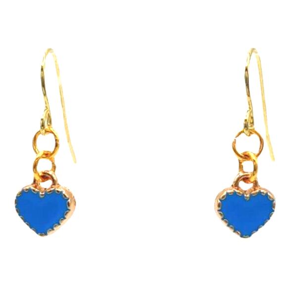 Dainty Dark Blue Heart Earrings | Small Gold Drop Jewelry - Picture 1 of 3